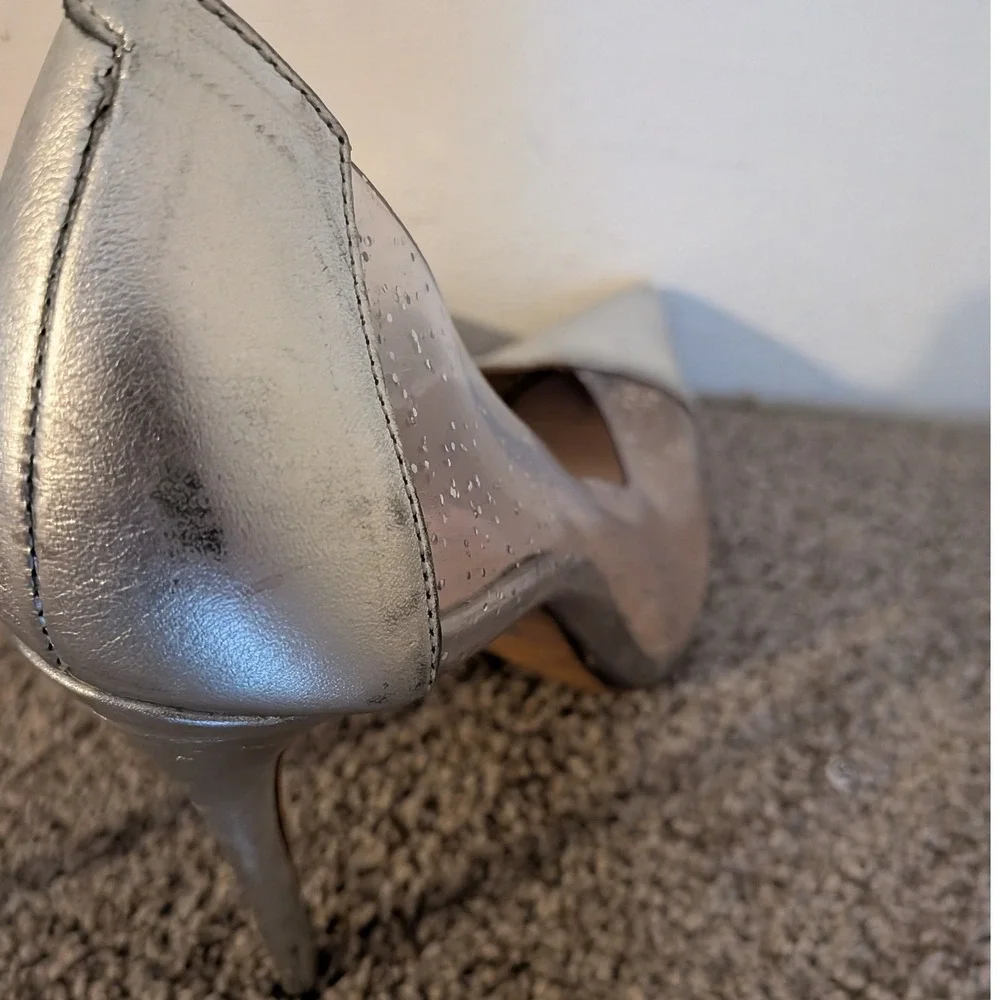 Schutz‎ Cendi Ann Silver Metallic Glitter Clear Vinyl D 'Orsay Heels 8.5B FLAW